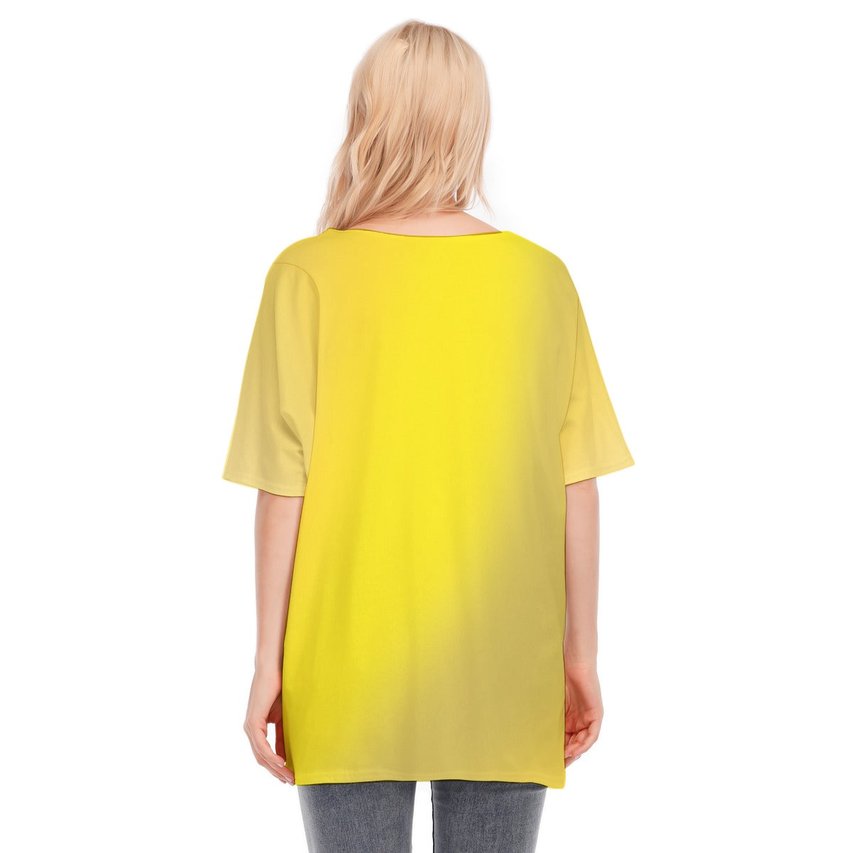 Loose Fit V-Neck Bat Sleeve T-Shirt Blouse with All Over Yellow Gradient Design for Women - Printspirationz