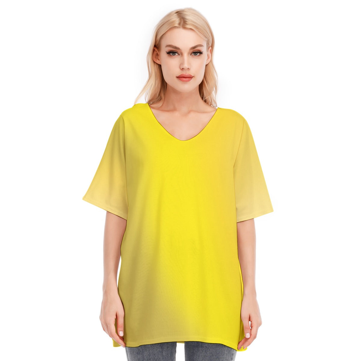 Loose Fit V-Neck Bat Sleeve T-Shirt Blouse with All Over Yellow Gradient Design for Women - Printspirationz