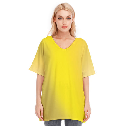 Loose Fit V-Neck Bat Sleeve T-Shirt Blouse with All Over Yellow Gradient Design for Women - Printspirationz