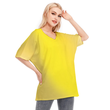 Loose Fit V-Neck Bat Sleeve T-Shirt Blouse with All Over Yellow Gradient Design for Women - Printspirationz
