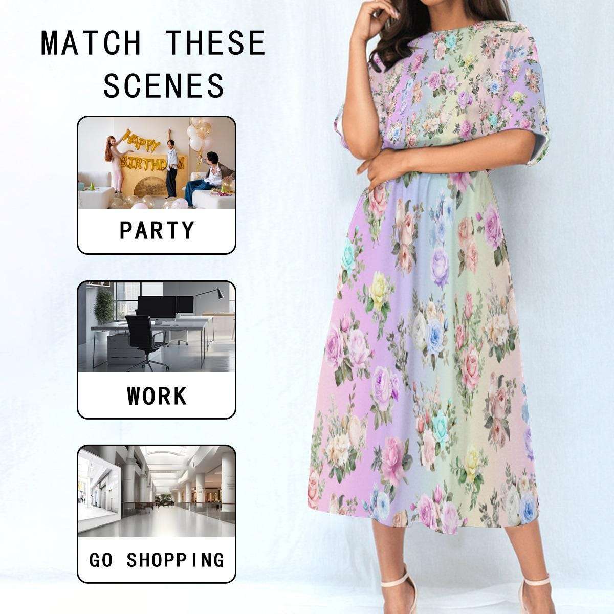 Pastel Rainbow Floral Ankle Length Dress | Women's Elastic Waist Boho Maxi Dress