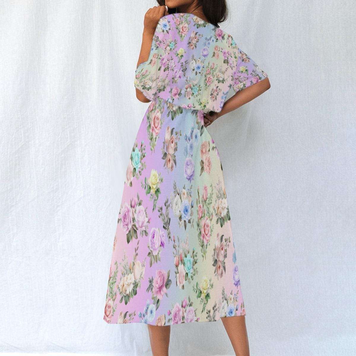 Pastel Rainbow Floral Ankle Length Dress | Women's Elastic Waist Boho Maxi Dress