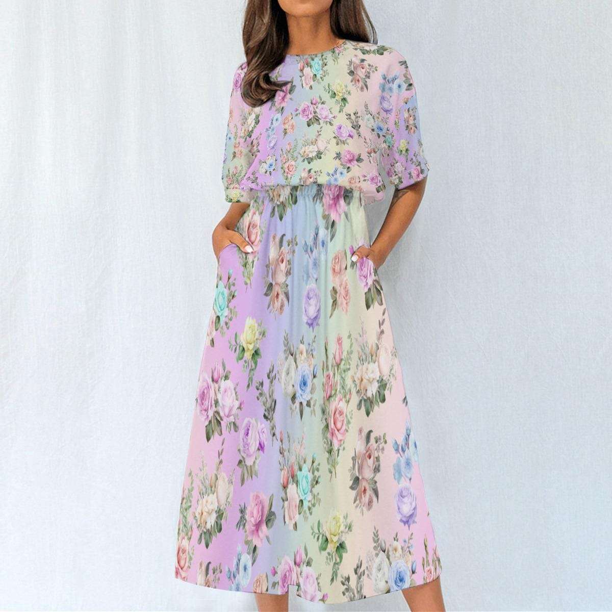 Pastel Rainbow Floral Ankle Length Dress | Women's Elastic Waist Boho Maxi Dress