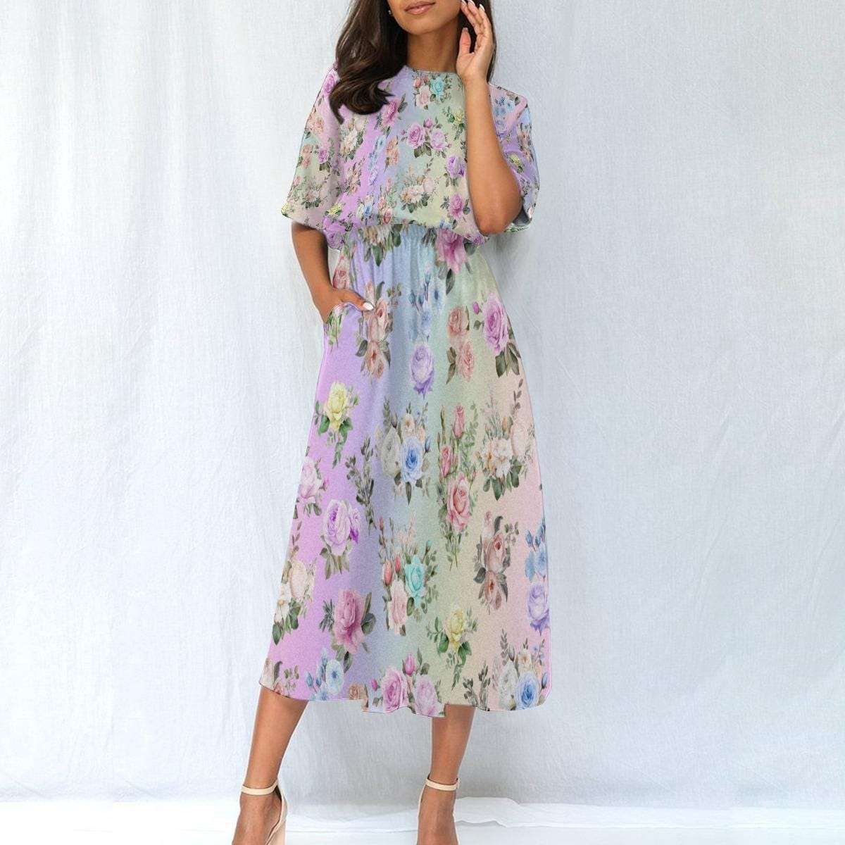 Pastel Rainbow Floral Ankle Length Dress | Women's Elastic Waist Boho Maxi Dress