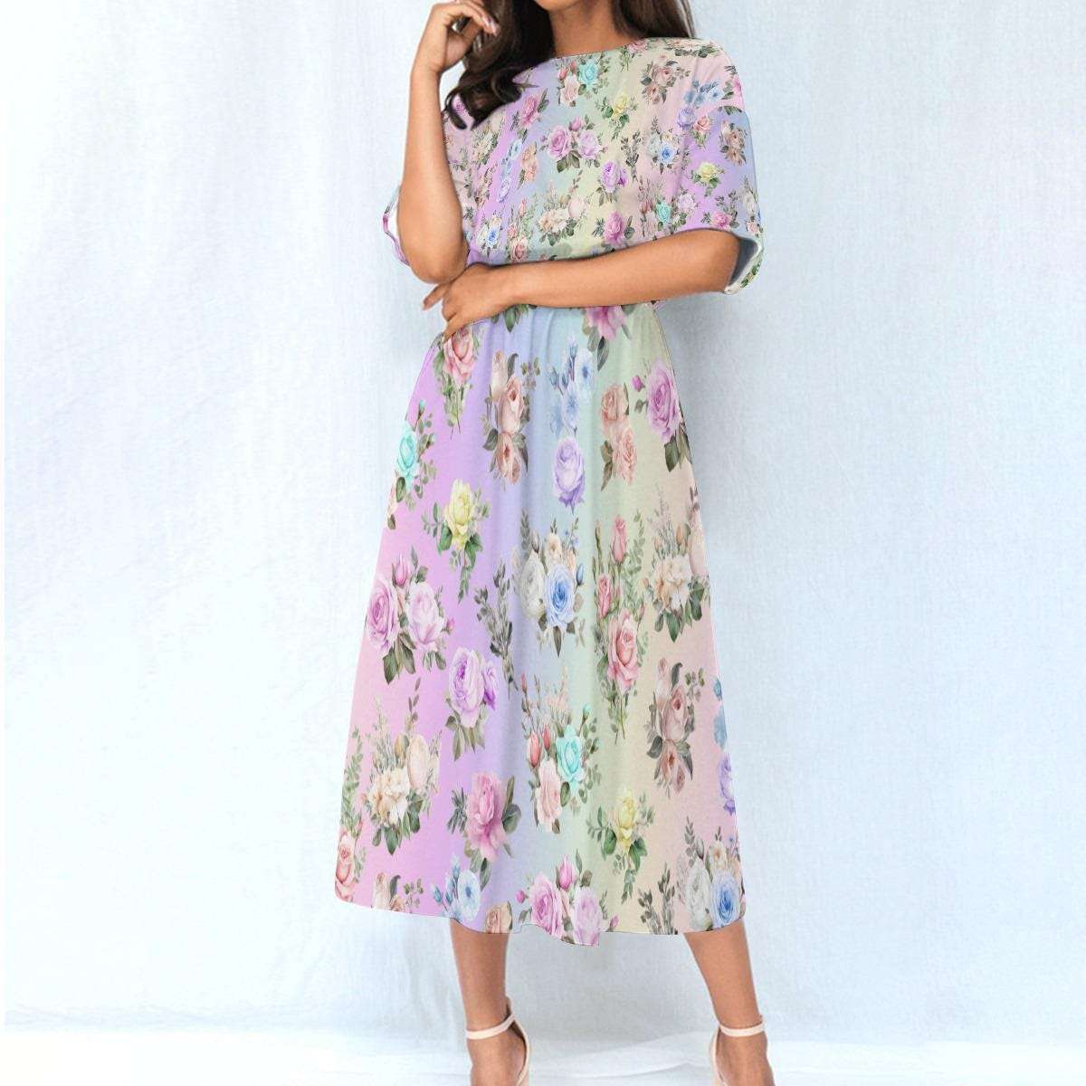 Pastel Rainbow Floral Ankle Length Dress | Women's Elastic Waist Boho Maxi Dress
