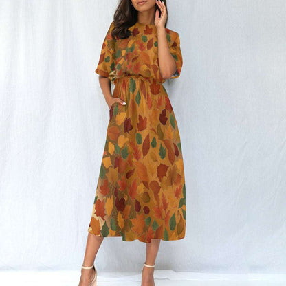 Women's Elastic Waist Dress – Autumn Dress with Fall Leaves Pattern, Lightweight & Flowy Fit