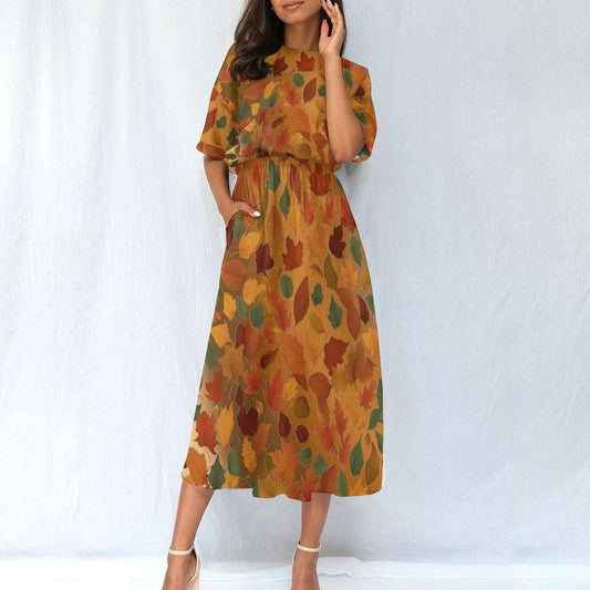 Women's Elastic Waist Dress – Autumn Dress with Fall Leaves Pattern, Lightweight & Flowy Fit