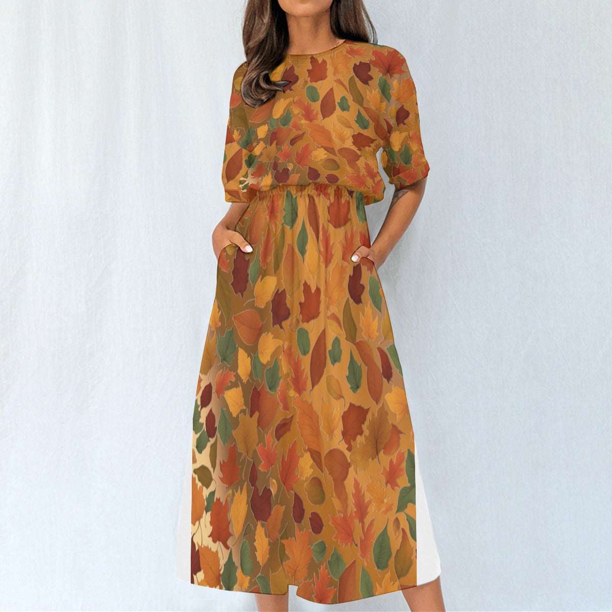 Women's Elastic Waist Dress – Autumn Dress with Fall Leaves Pattern, Lightweight & Flowy Fit