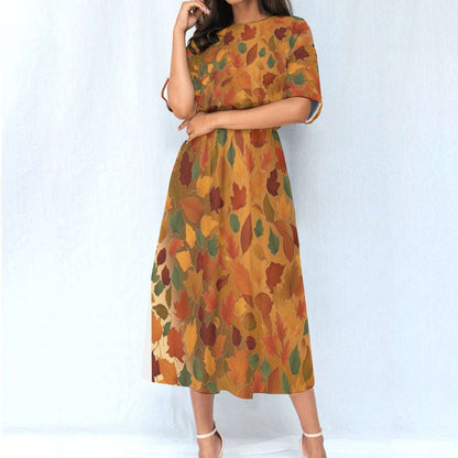 Women's Elastic Waist Dress – Autumn Dress with Fall Leaves Pattern, Lightweight & Flowy Fit