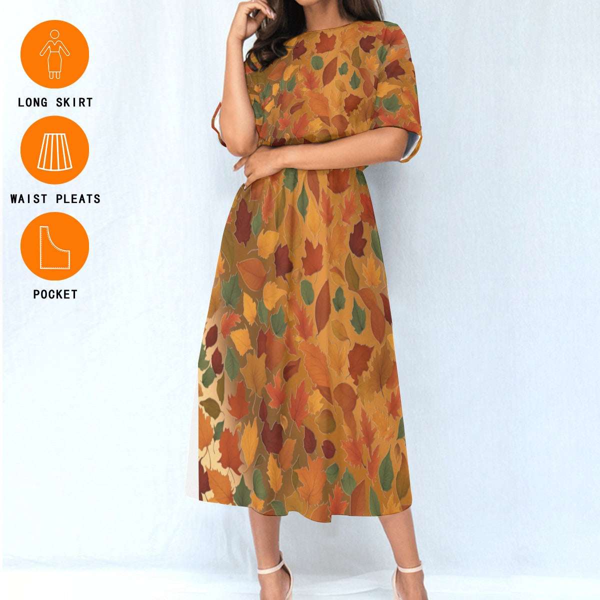 Women's Elastic Waist Dress – Autumn Dress with Fall Leaves Pattern, Lightweight & Flowy Fit