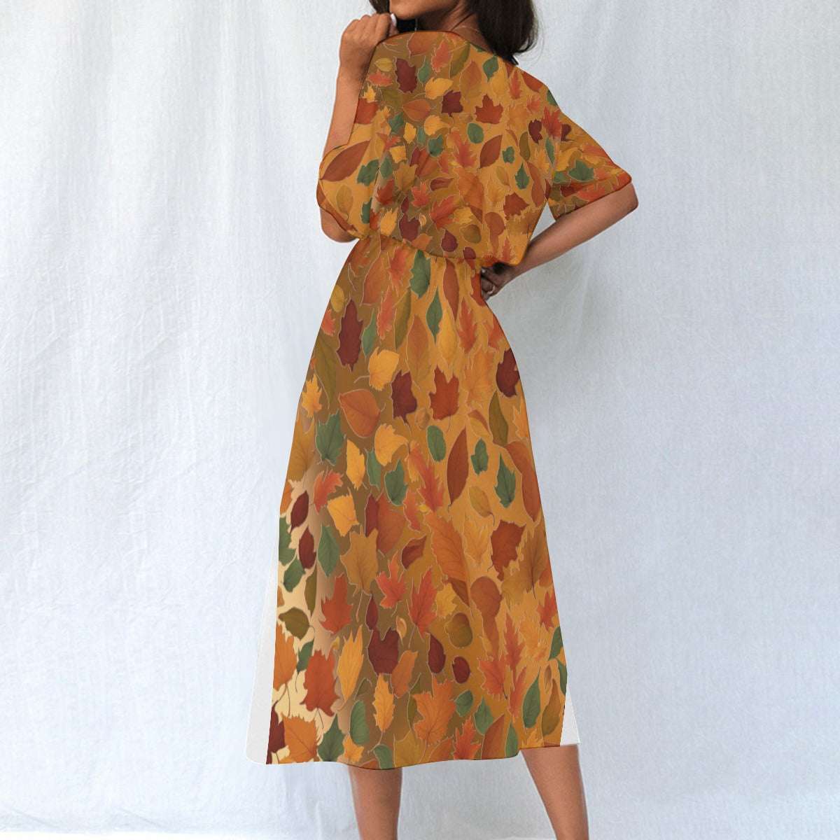 Women's Elastic Waist Dress – Autumn Dress with Fall Leaves Pattern, Lightweight & Flowy Fit
