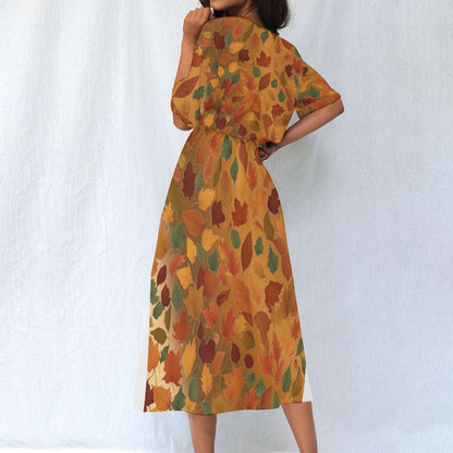 Women's Elastic Waist Dress – Autumn Dress with Fall Leaves Pattern, Lightweight & Flowy Fit