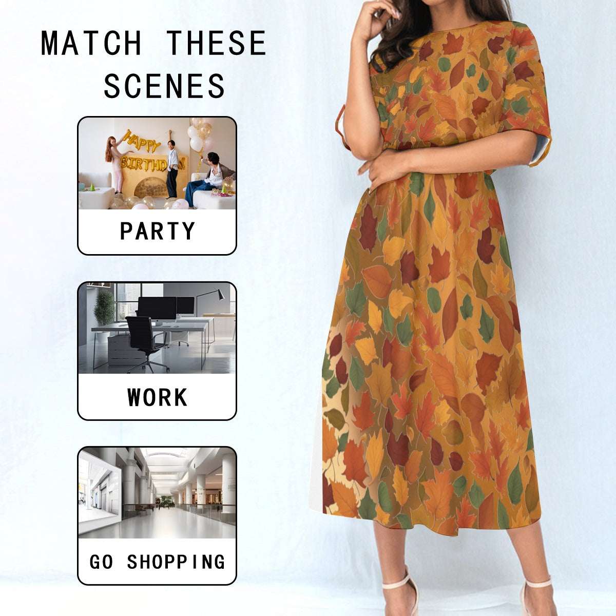 Women's Elastic Waist Dress – Autumn Dress with Fall Leaves Pattern, Lightweight & Flowy Fit