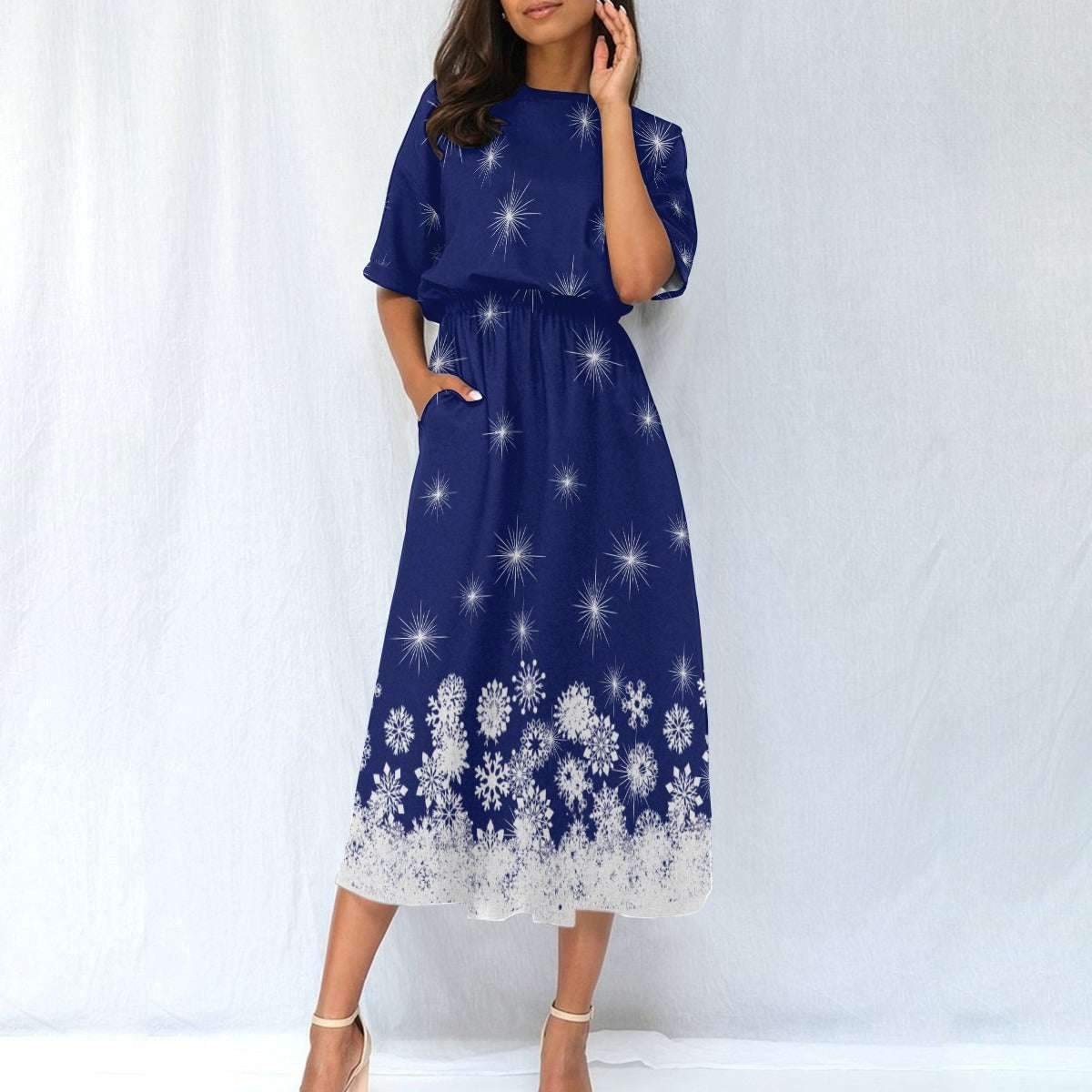 Women's Elastic Waist Dress – Blue Dress with White Snowflake Pattern, Lightweight & Flattering Fit