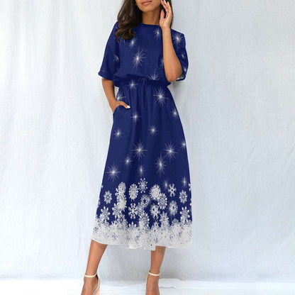 Women's Elastic Waist Dress – Blue Dress with White Snowflake Pattern, Lightweight & Flattering Fit
