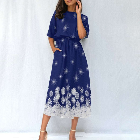 Women's Elastic Waist Dress – Blue Dress with White Snowflake Pattern, Lightweight & Flattering Fit