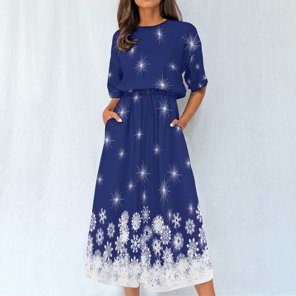 Women's Elastic Waist Dress – Blue Dress with White Snowflake Pattern, Lightweight & Flattering Fit