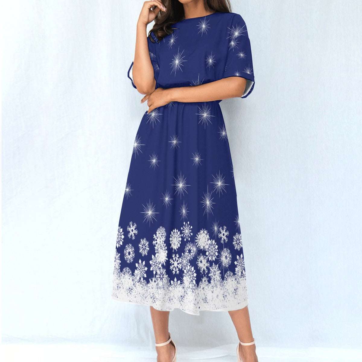 Women's Elastic Waist Dress – Blue Dress with White Snowflake Pattern, Lightweight & Flattering Fit