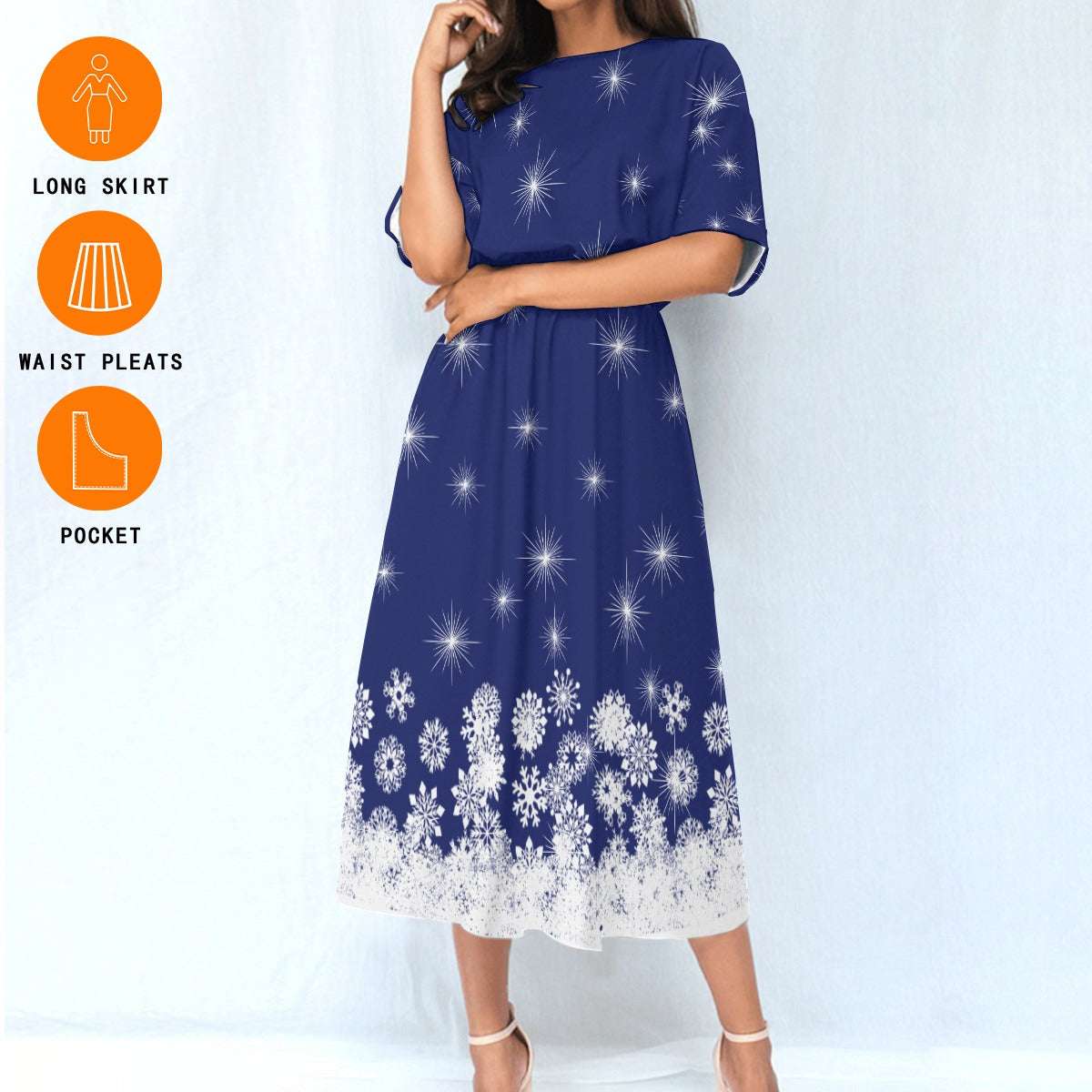 Women's Elastic Waist Dress – Blue Dress with White Snowflake Pattern, Lightweight & Flattering Fit