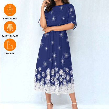Women's Elastic Waist Dress – Blue Dress with White Snowflake Pattern, Lightweight & Flattering Fit