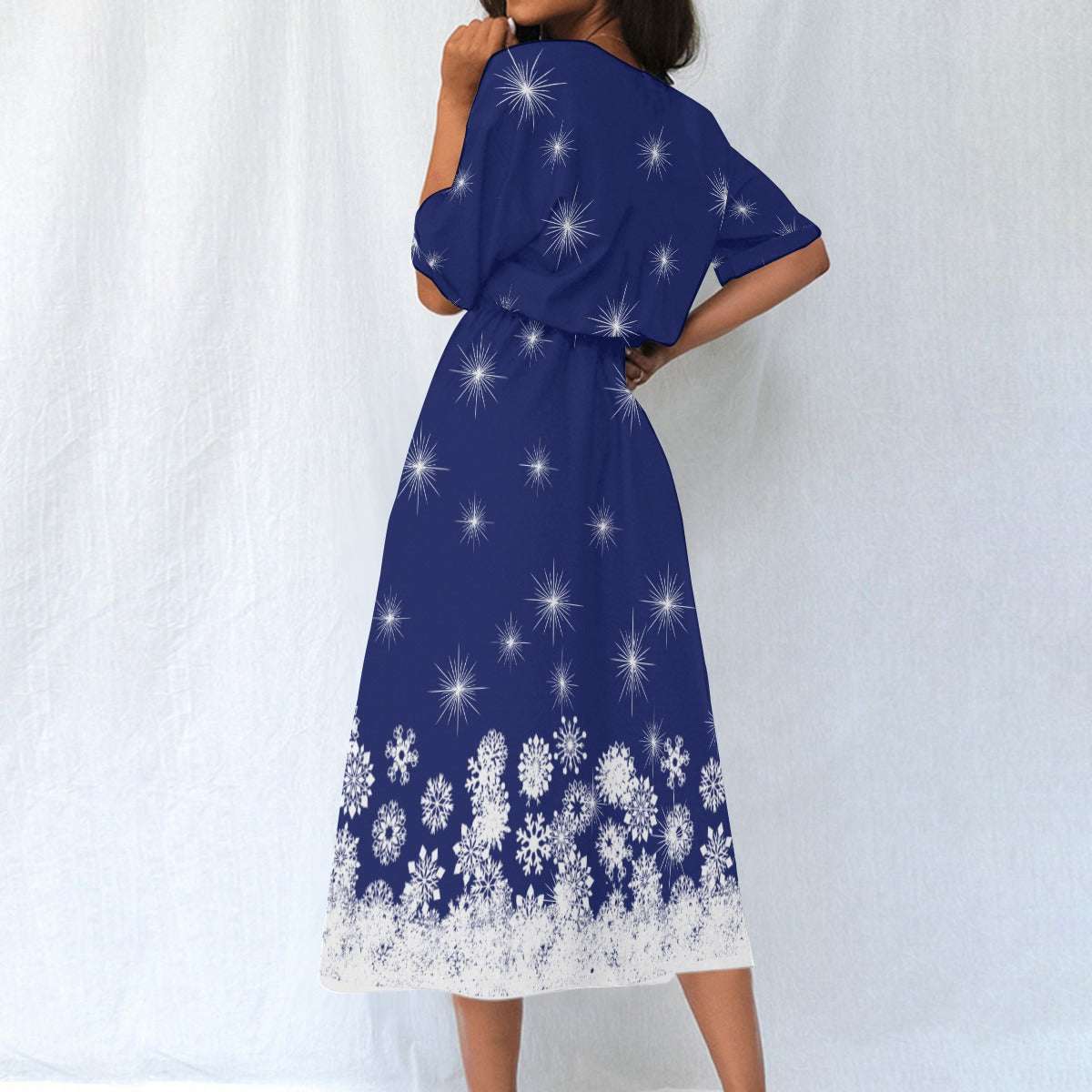 Women's Elastic Waist Dress – Blue Dress with White Snowflake Pattern, Lightweight & Flattering Fit