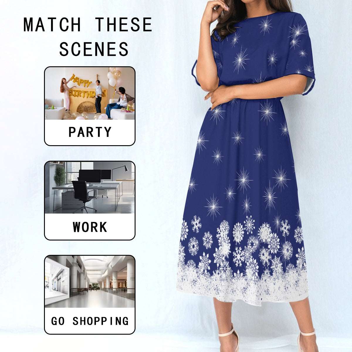 Women's Elastic Waist Dress – Blue Dress with White Snowflake Pattern, Lightweight & Flattering Fit