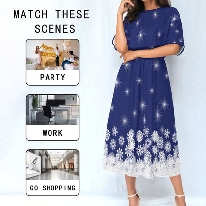 Women's Elastic Waist Dress – Blue Dress with White Snowflake Pattern, Lightweight & Flattering Fit