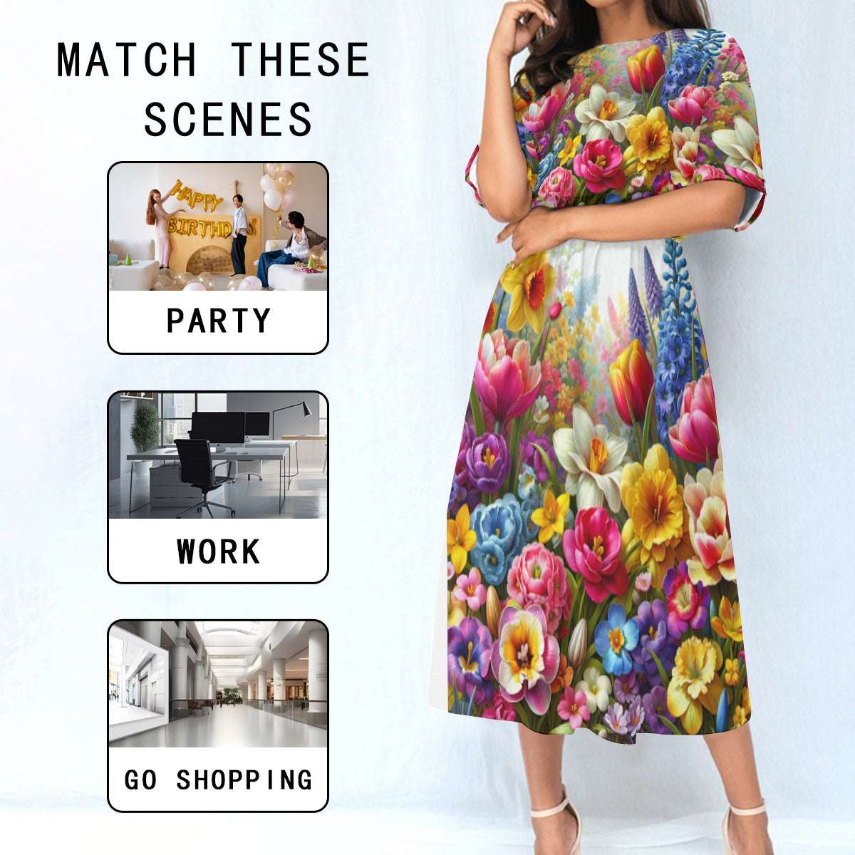 Women's Elastic Waist Dress – Colorful Floral Garden Print, Lightweight & Flattering Fit