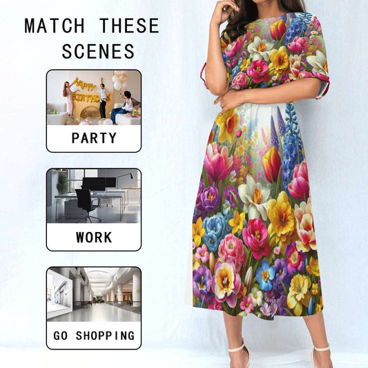 Women's Elastic Waist Dress – Colorful Floral Garden Print, Lightweight & Flattering Fit