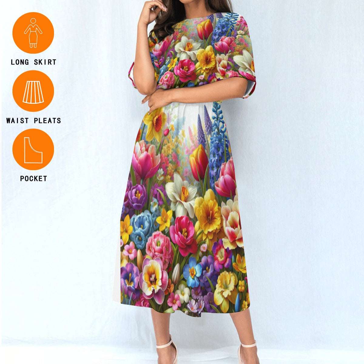 Women's Elastic Waist Dress – Colorful Floral Garden Print, Lightweight & Flattering Fit