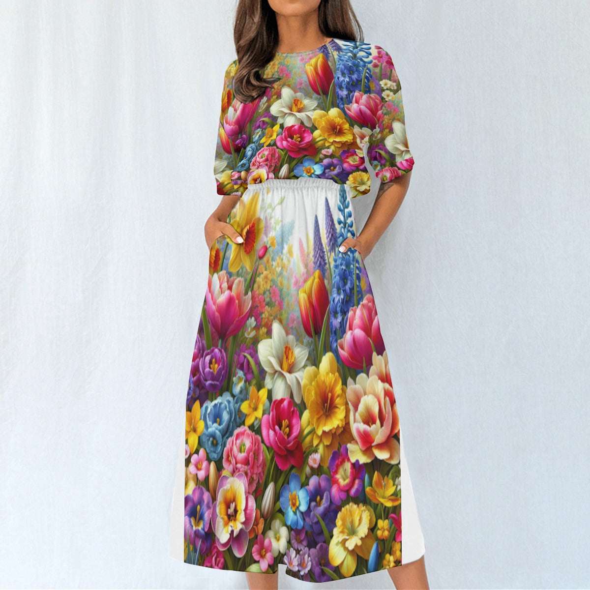 Women's Elastic Waist Dress – Colorful Floral Garden Print, Lightweight & Flattering Fit