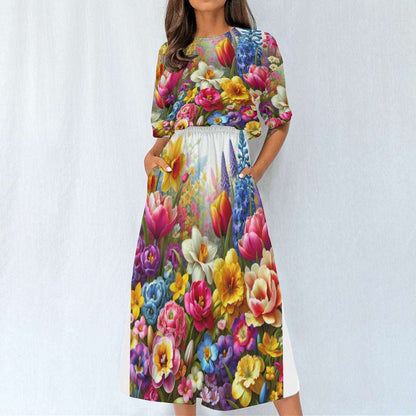Women's Elastic Waist Dress – Colorful Floral Garden Print, Lightweight & Flattering Fit