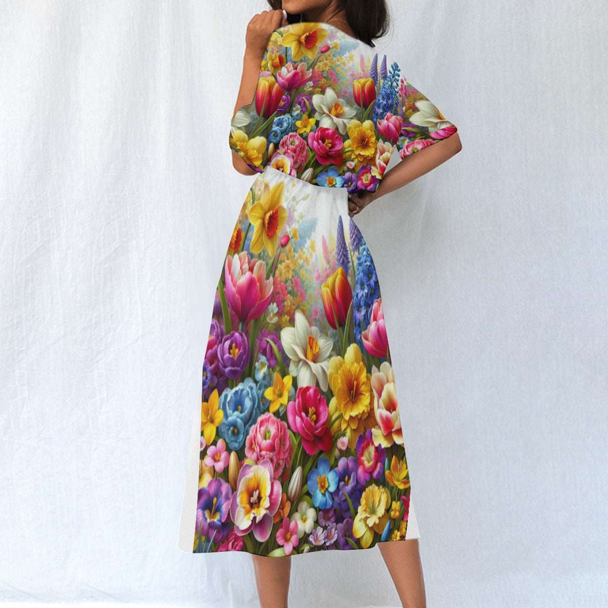 Women's Elastic Waist Dress – Colorful Floral Garden Print, Lightweight & Flattering Fit