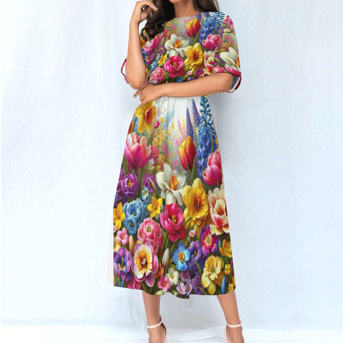 Women's Elastic Waist Dress – Colorful Floral Garden Print, Lightweight & Flattering Fit