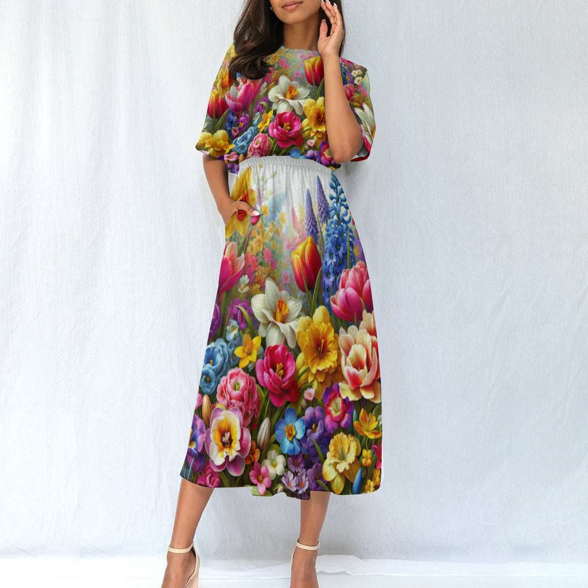 Women's Elastic Waist Dress – Colorful Floral Garden Print, Lightweight & Flattering Fit