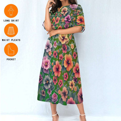 Women's Elastic Waist Dress – Green Dress with Hibiscus Floral Pattern, Lightweight & Breezy Fit