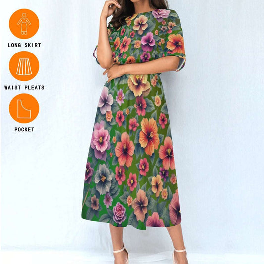 Women's Elastic Waist Dress – Green Dress with Hibiscus Floral Pattern, Lightweight & Breezy Fit