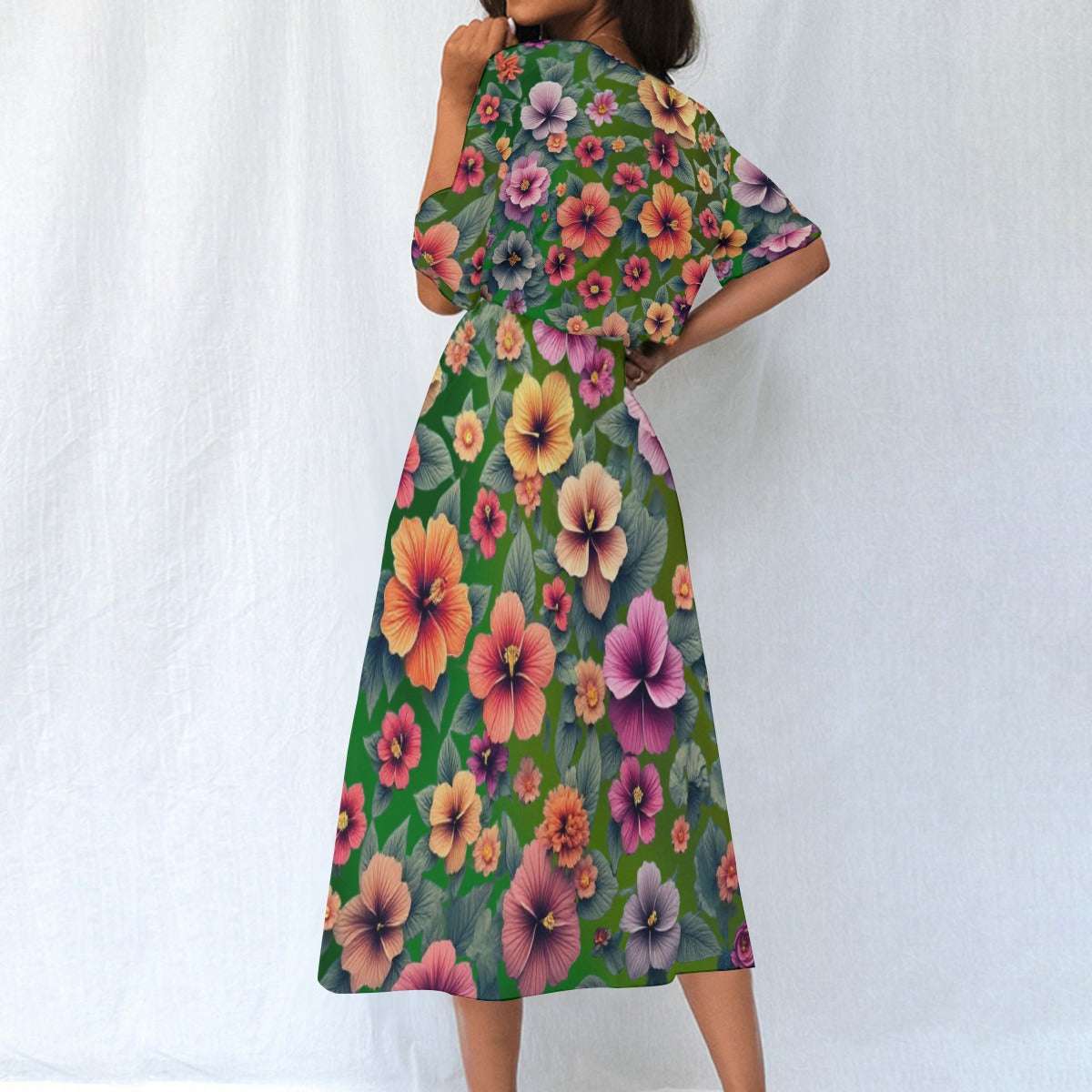 Women's Elastic Waist Dress – Green Dress with Hibiscus Floral Pattern, Lightweight & Breezy Fit