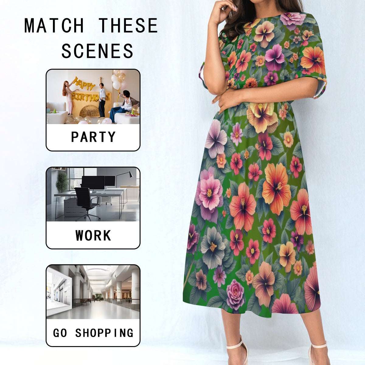 Women's Elastic Waist Dress – Green Dress with Hibiscus Floral Pattern, Lightweight & Breezy Fit