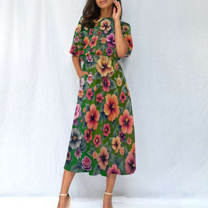 Women's Elastic Waist Dress – Green Dress with Hibiscus Floral Pattern, Lightweight & Breezy Fit