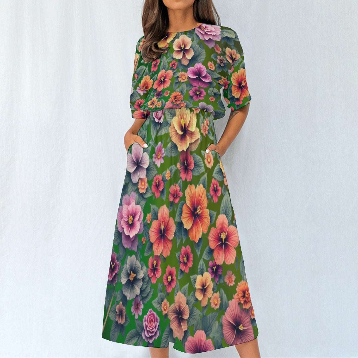 Women's Elastic Waist Dress – Green Dress with Hibiscus Floral Pattern, Lightweight & Breezy Fit