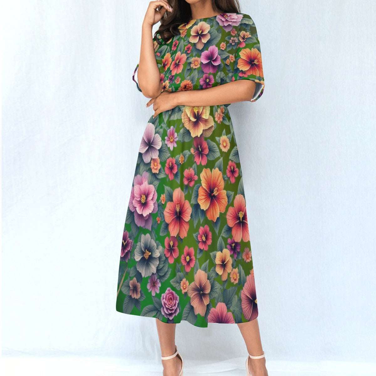 Women's Elastic Waist Dress – Green Dress with Hibiscus Floral Pattern, Lightweight & Breezy Fit