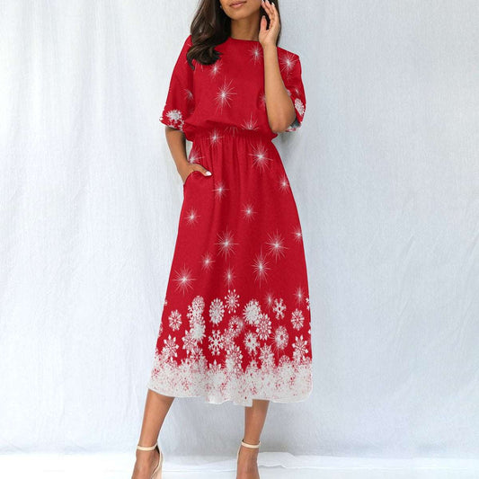 Women's Elastic Waist Dress – Red Dress with White Snowflake Pattern, Lightweight & Flattering Fit