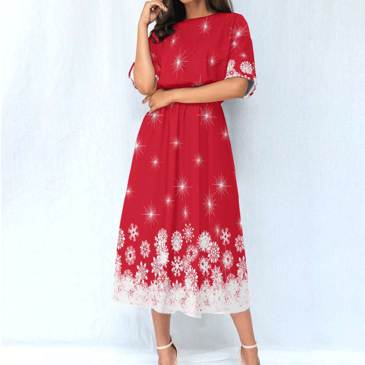 Women's Elastic Waist Dress – Red Dress with White Snowflake Pattern, Lightweight & Flattering Fit