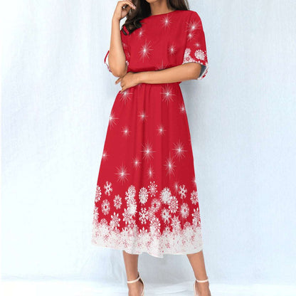 Women's Elastic Waist Dress – Red Dress with White Snowflake Pattern, Lightweight & Flattering Fit