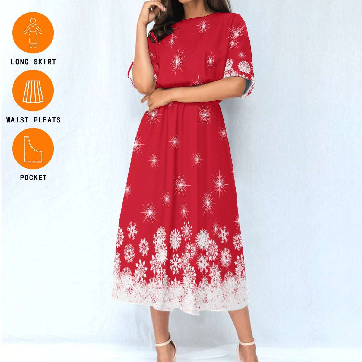 Women's Elastic Waist Dress – Red Dress with White Snowflake Pattern, Lightweight & Flattering Fit