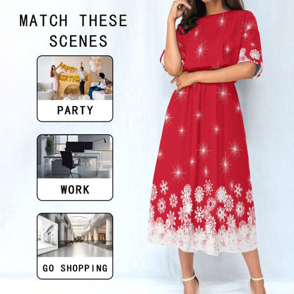 Women's Elastic Waist Dress – Red Dress with White Snowflake Pattern, Lightweight & Flattering Fit