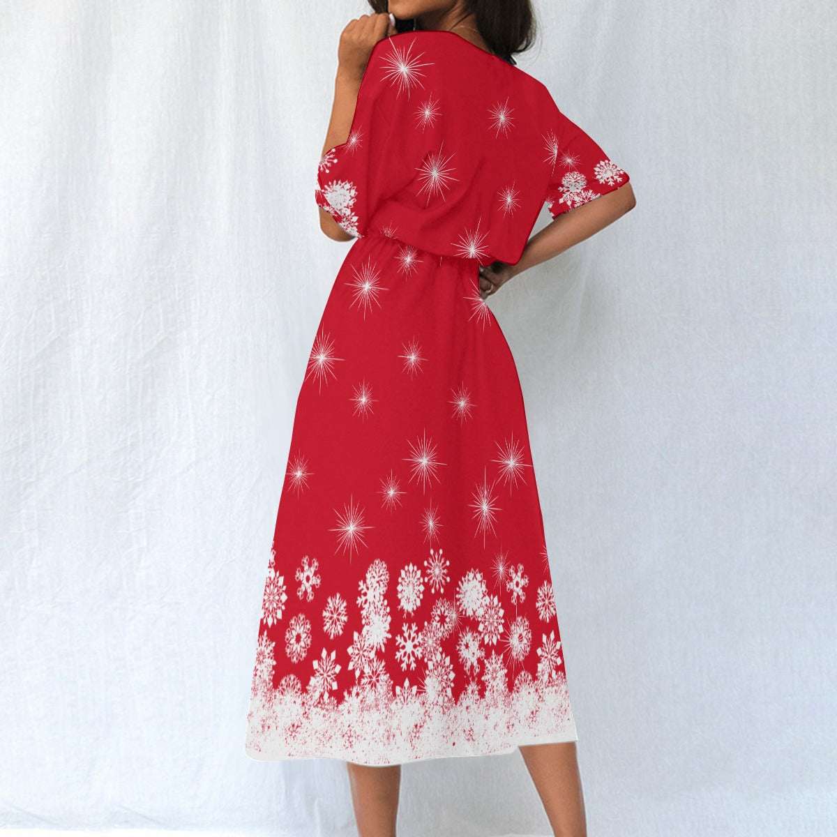Women's Elastic Waist Dress – Red Dress with White Snowflake Pattern, Lightweight & Flattering Fit