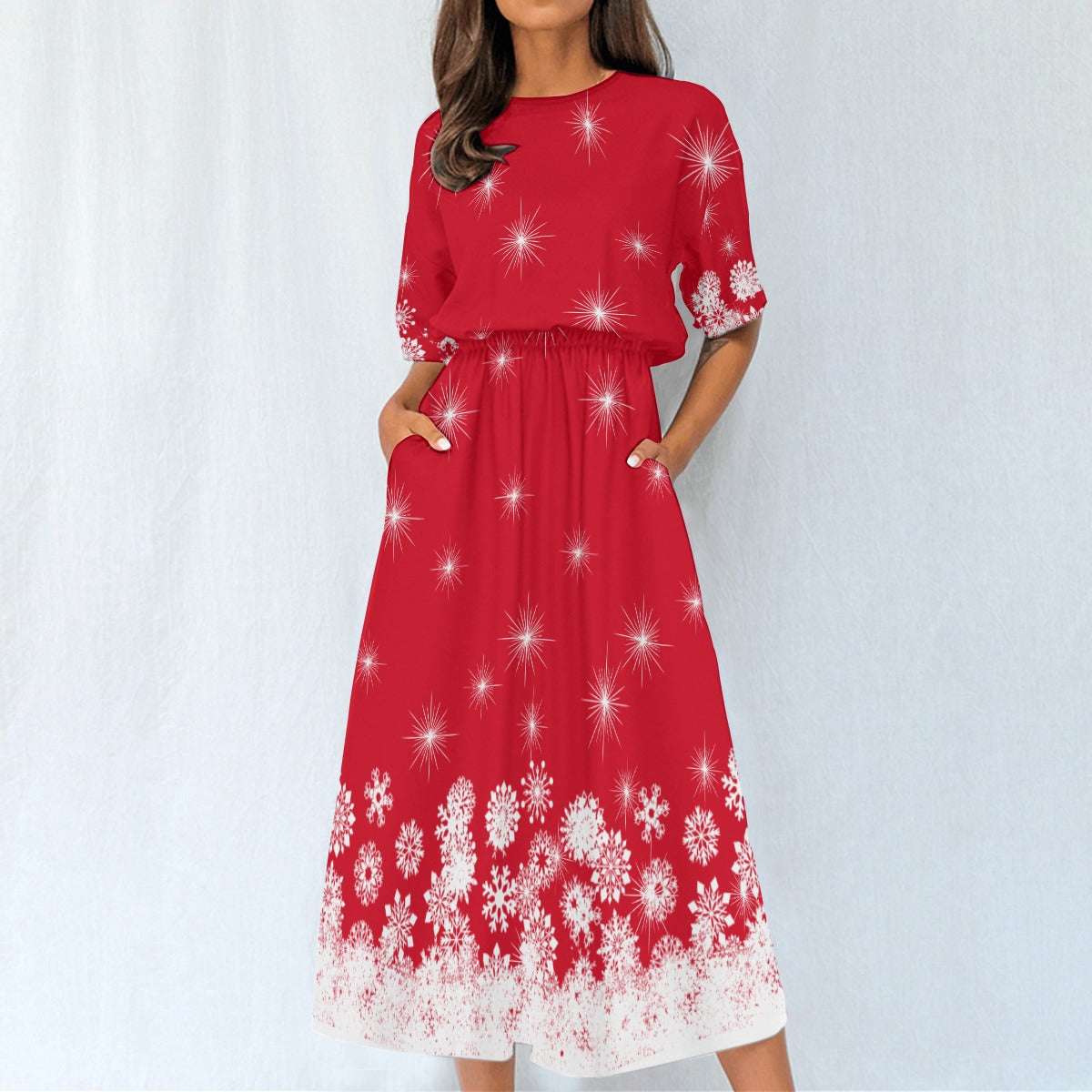 Women's Elastic Waist Dress – Red Dress with White Snowflake Pattern, Lightweight & Flattering Fit