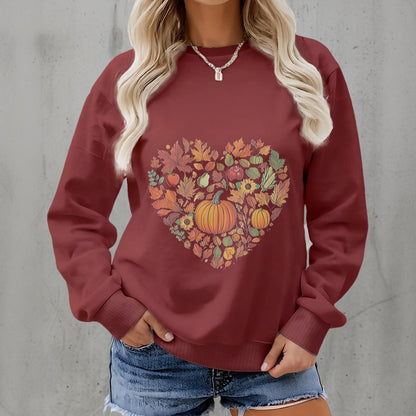 Autumn Heart Leaves & Produce Graphic Sweatshirt | Women’s Fall Floral & Harvest Fleece Crew-Neck Pullover